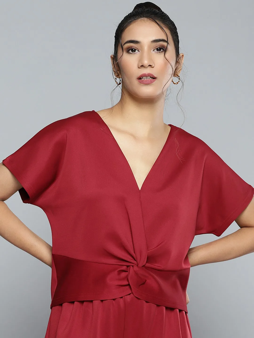 Maroon Scuba Front Knot Detail Top