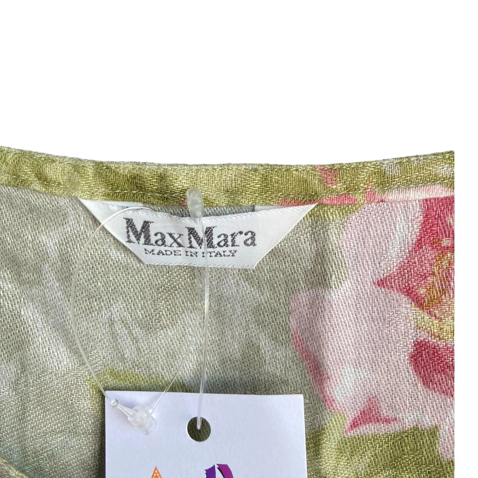 Max Mara Linen Green And Pink Floral Sleeveless Dress UK Size 10