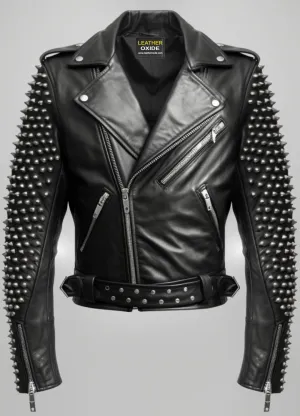 Men Black Biker Studded Leather Jacket