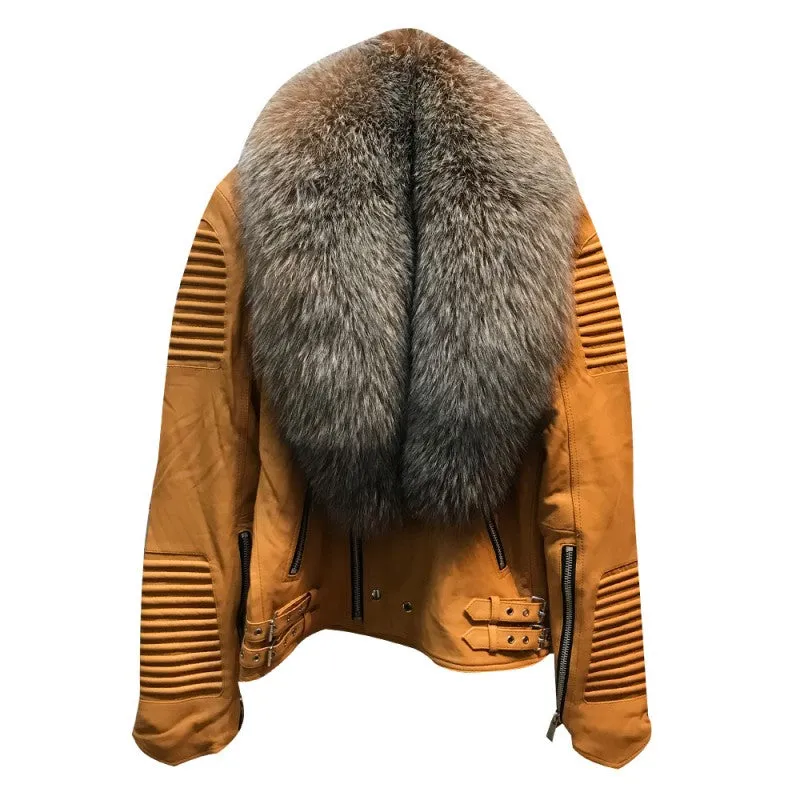 MEN TAN- BIKER RIBBLES WITH CRYSTAL FOX FUR