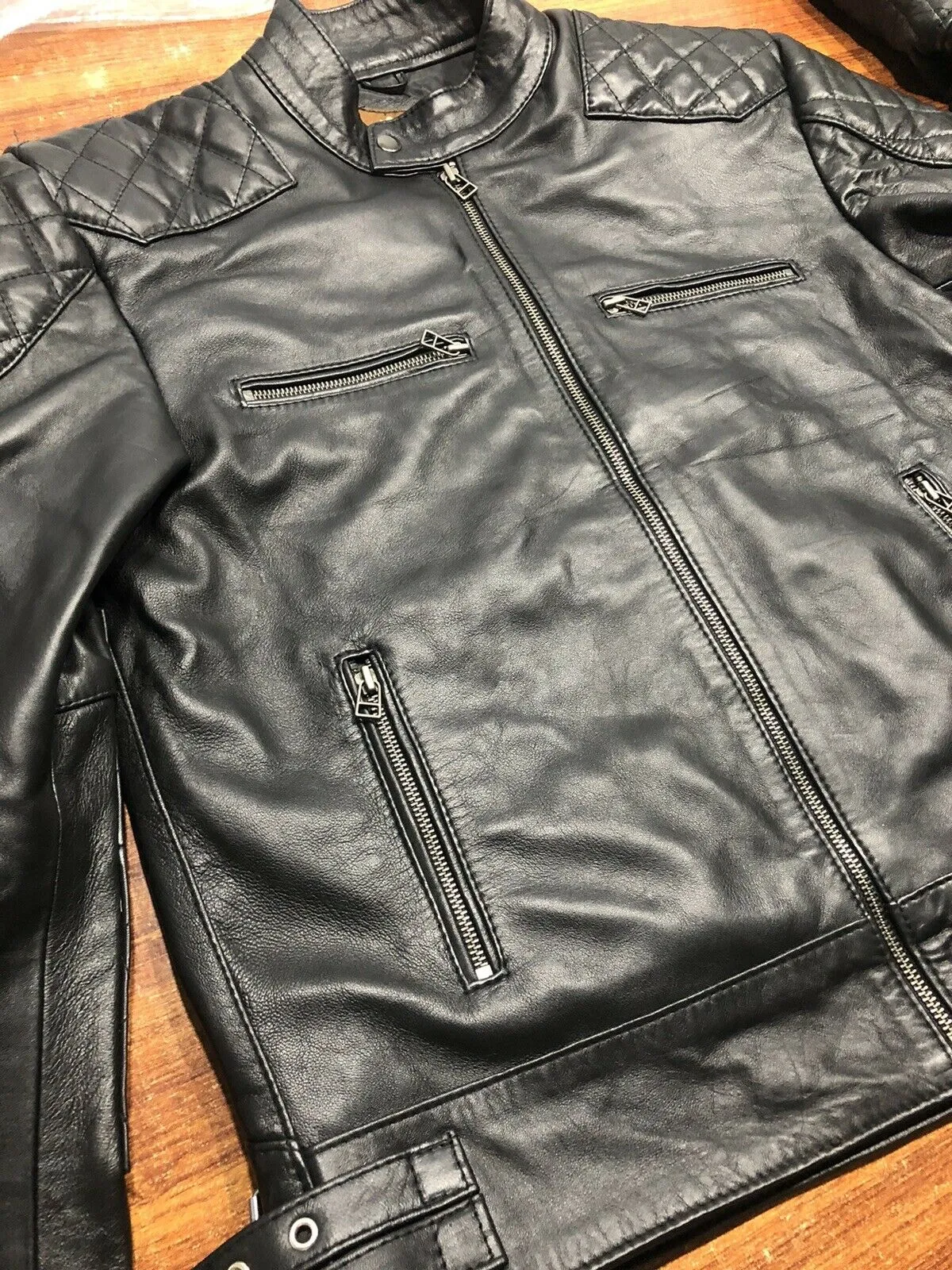 Men's Black David Beckham Real Leather Jacket Biker Vintage Slim Fit Sheep leather