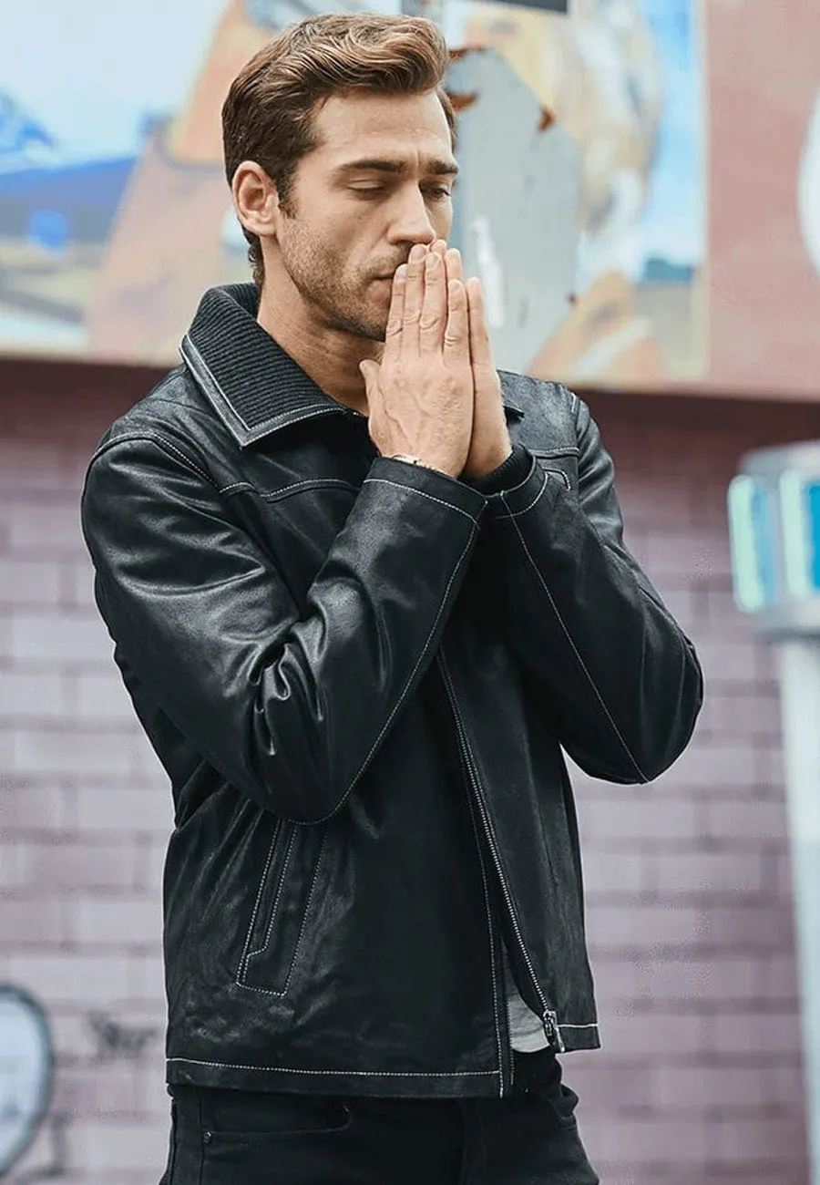 Men's Black Leather Collared Trucker Jacket