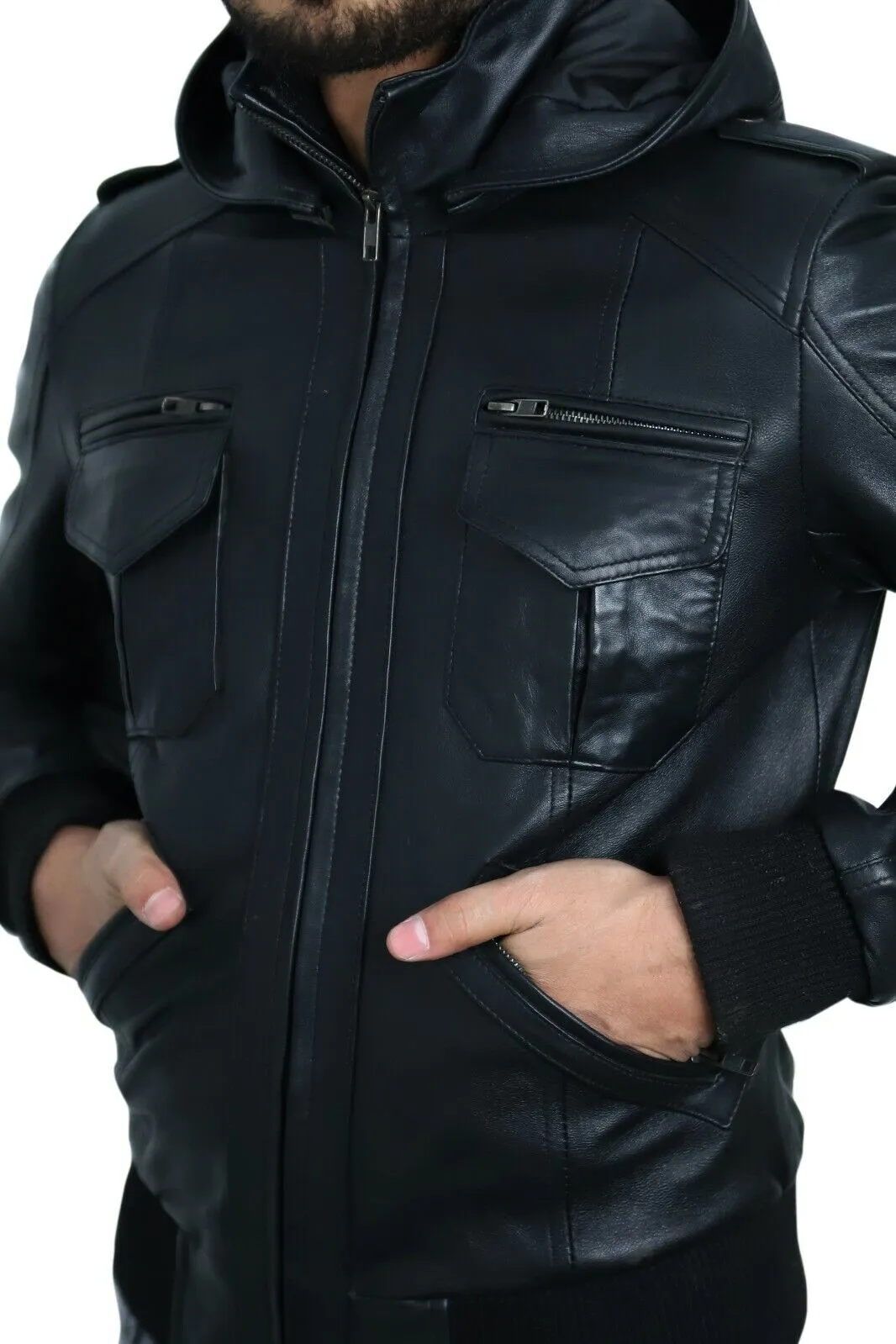 MENS BLACK REAL SHEEP LEATHER HOODED BOMBER LEATHER JACKET SLIM FIT BIKER BLACK