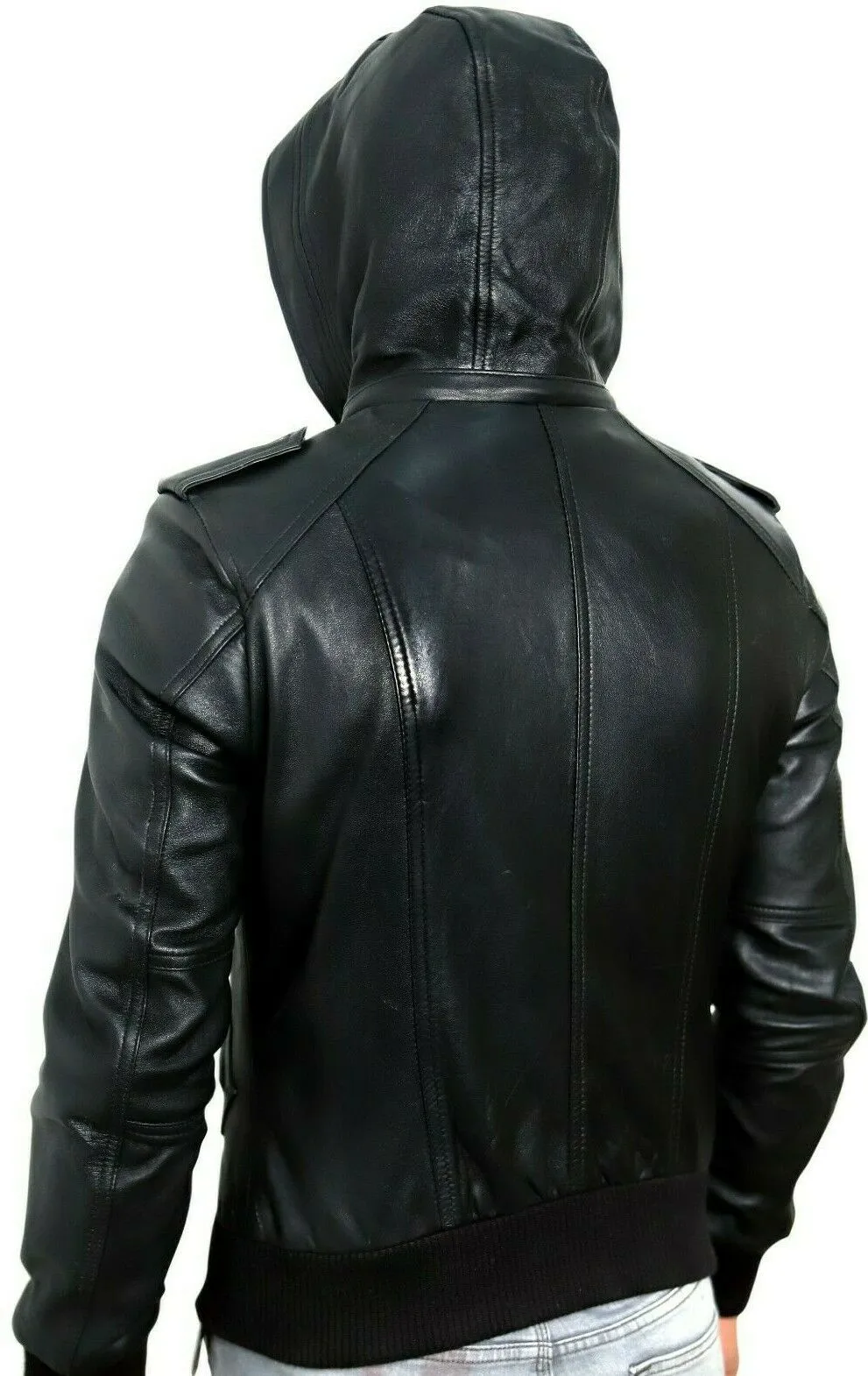 MENS BLACK REAL SHEEP LEATHER HOODED BOMBER LEATHER JACKET SLIM FIT BIKER BLACK