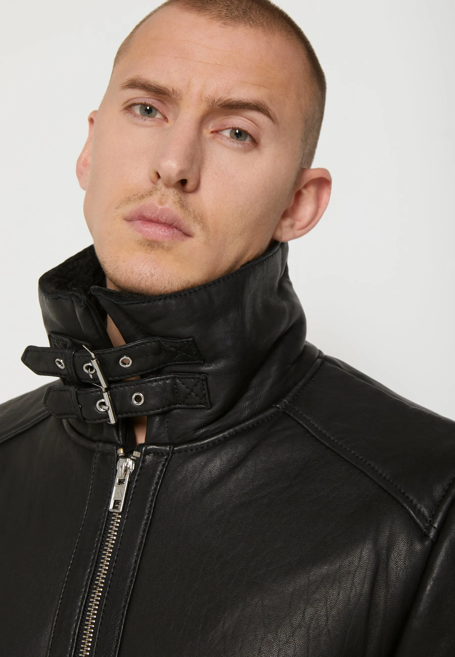 Men's Black Shearling Leather Jacket with Big Collar