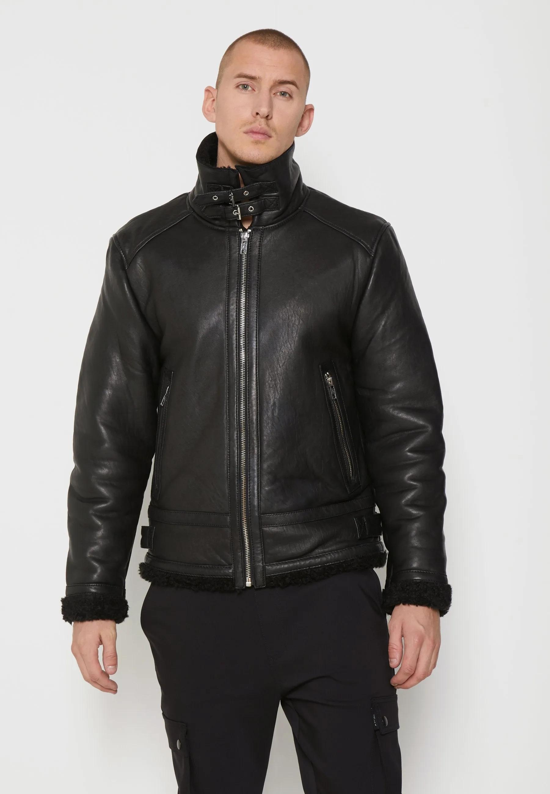 Men's Black Shearling Leather Jacket with Big Collar