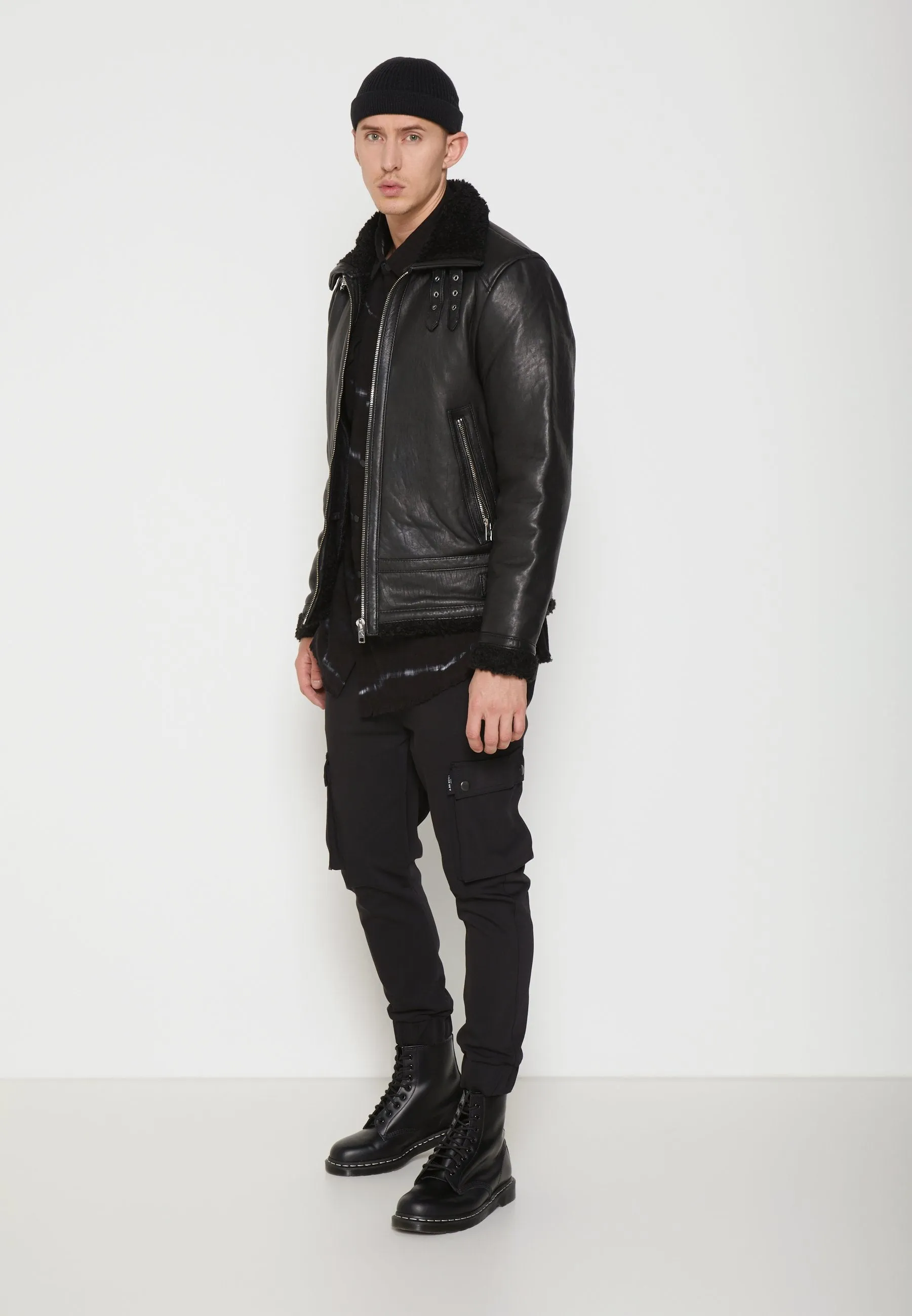 Men's Black Shearling Leather Jacket with Big Collar