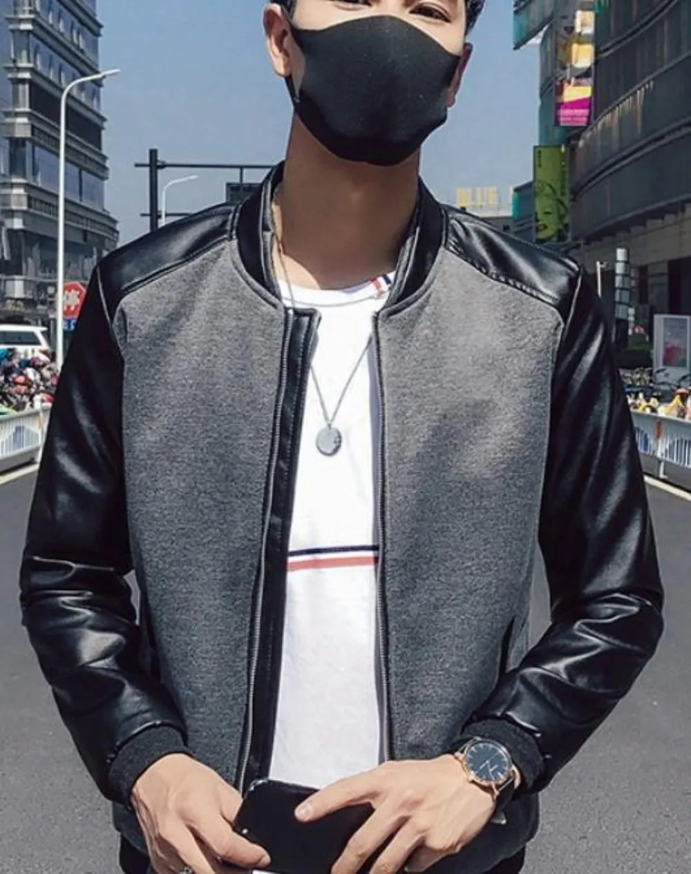 Mens Bomber Jacket with Vegan Leather Sleeves