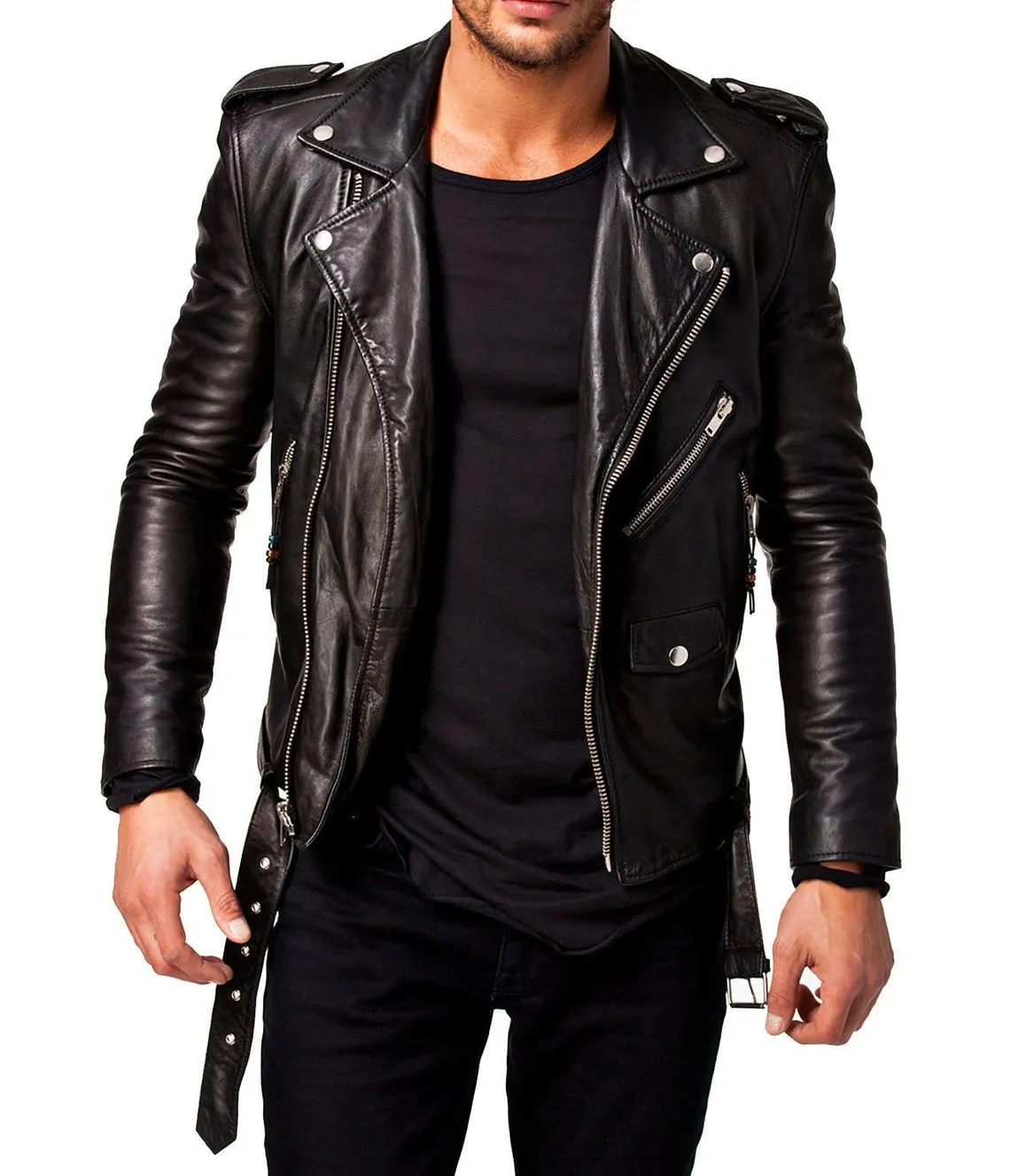 Men's Genuine Lambskin Leather Black Slim Fit Biker Motorcycle Marlon Brando Fashion Leather Jacket