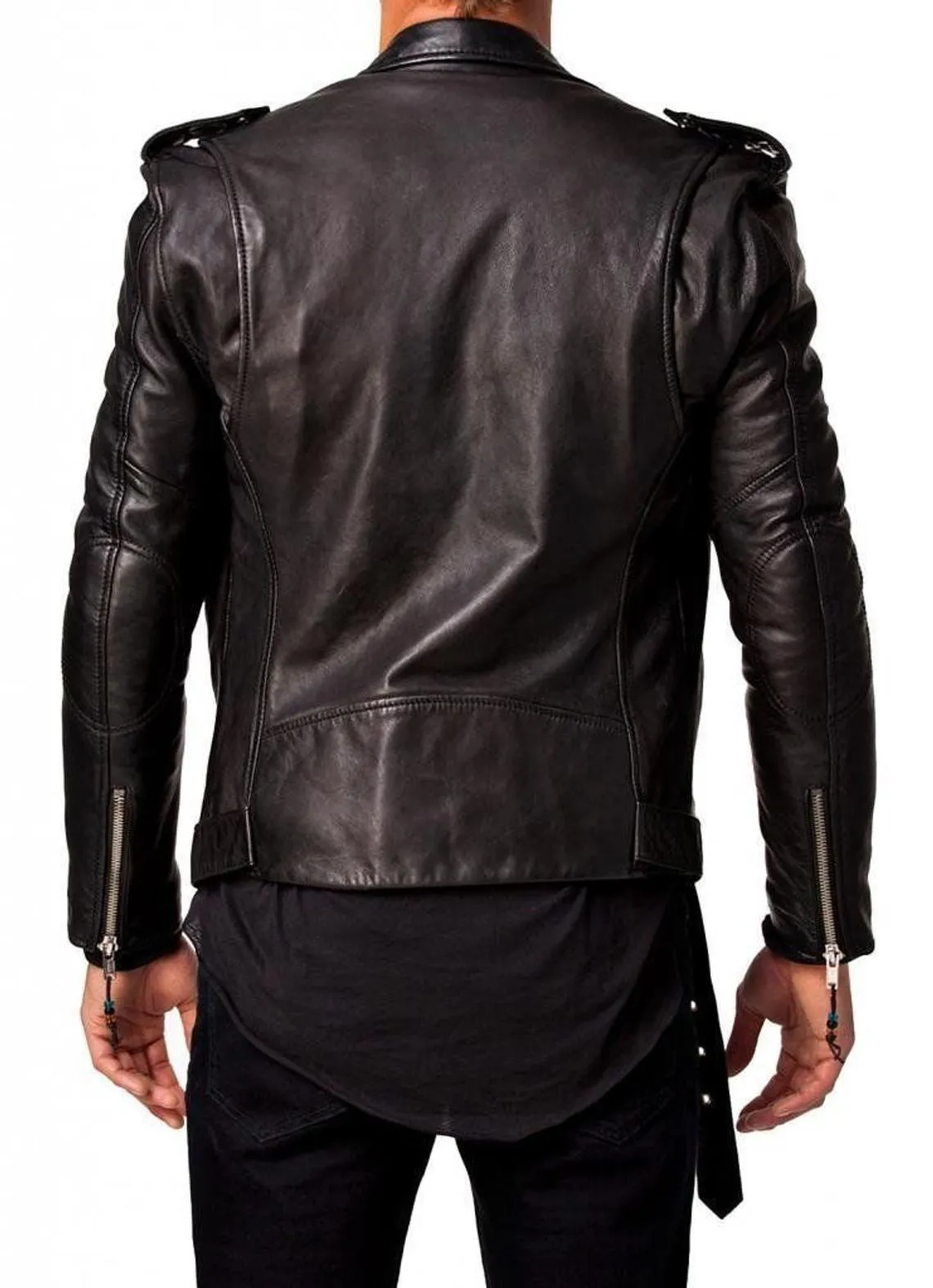 Men's Genuine Lambskin Leather Black Slim Fit Biker Motorcycle Marlon Brando Fashion Leather Jacket