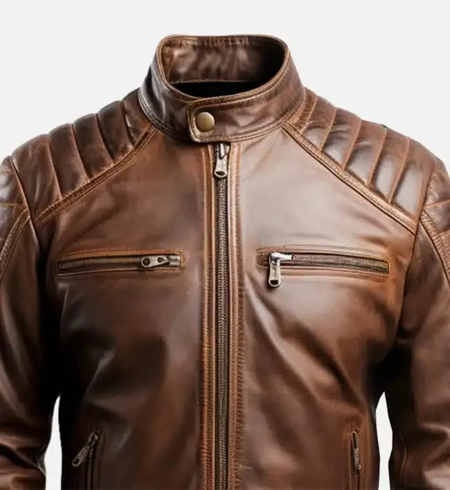 Men's Leo Distressed Brown Cafe Racer Leather Jacket