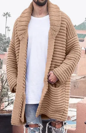 Men's Mid-Length Large Lapel Long Sleeve Knitted Cardigan