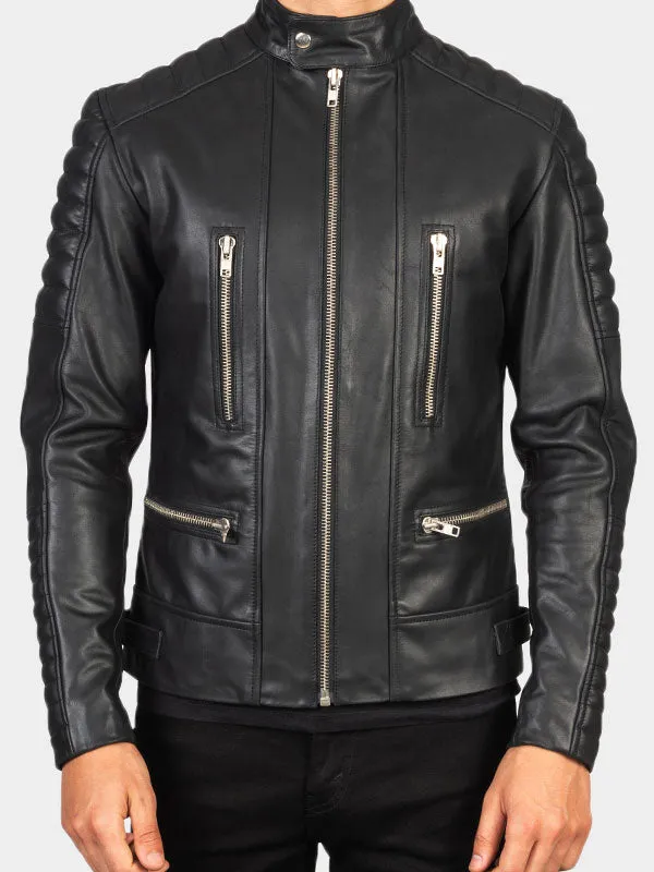 Men's Padded Black Leather Biker Jacket