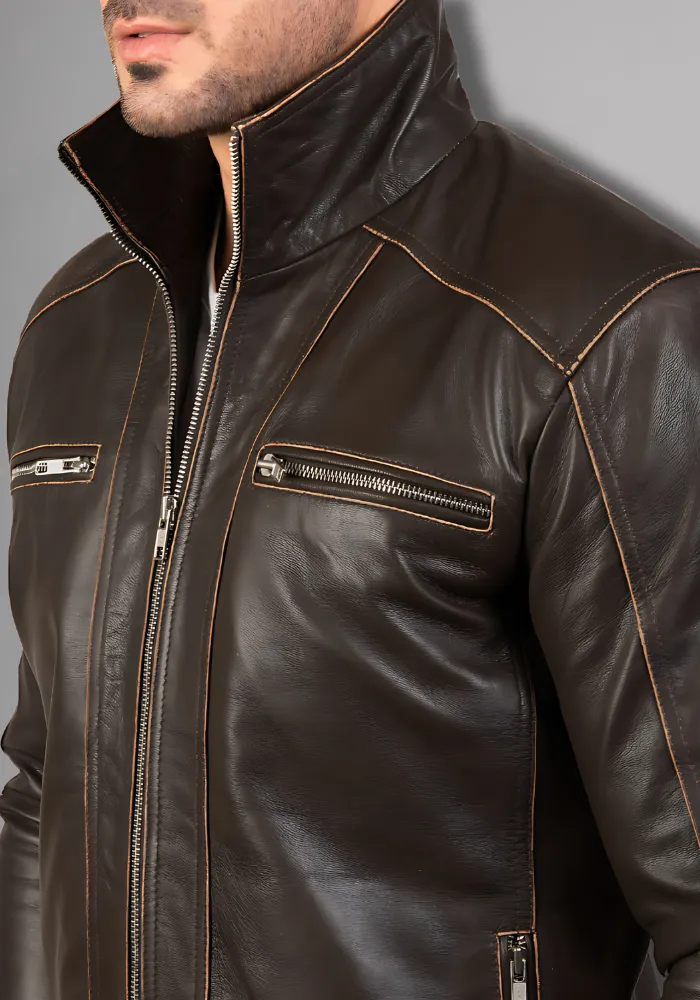 Men's Vintage Retro Biker Brown Waxed Leather Jacket