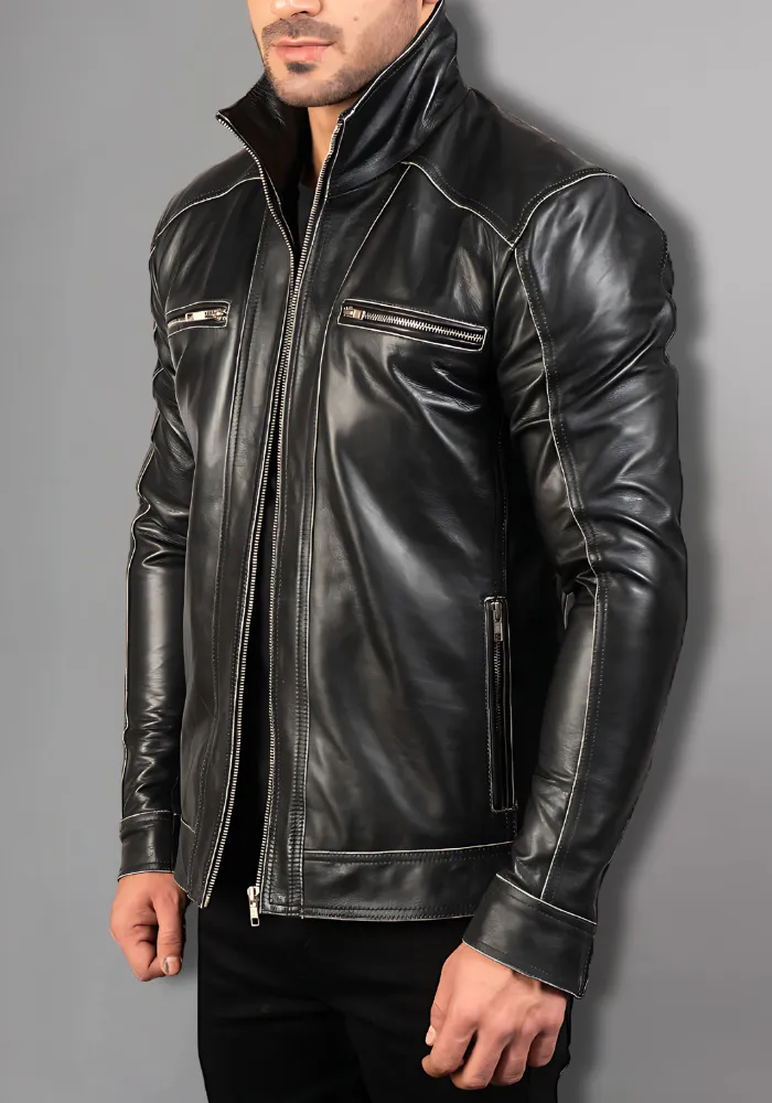 Men's Vintage Retro Biker Brown Waxed Leather Jacket