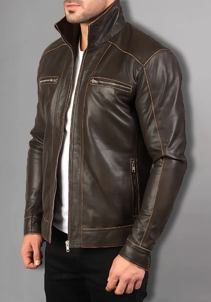 Men's Vintage Retro Biker Brown Waxed Leather Jacket