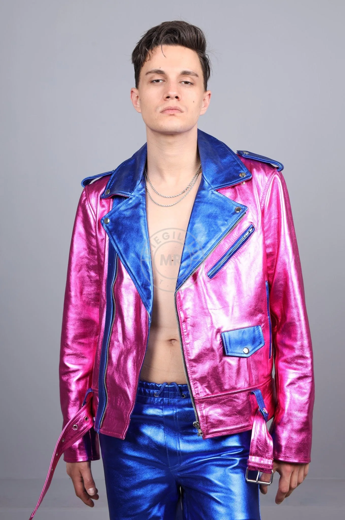 Metallic Leather Biker Jacket - Pink/Blue