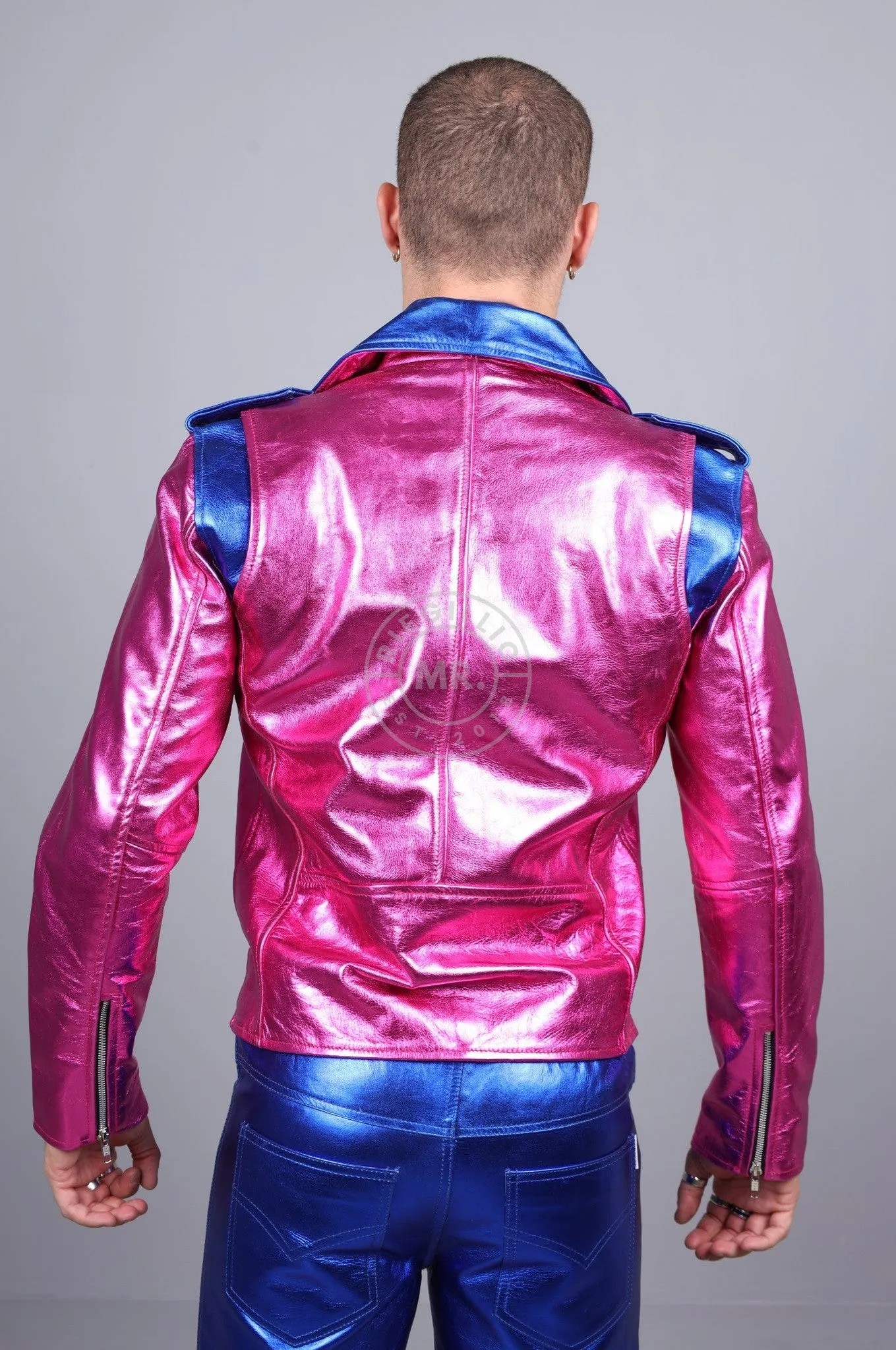 Metallic Leather Biker Jacket - Pink/Blue