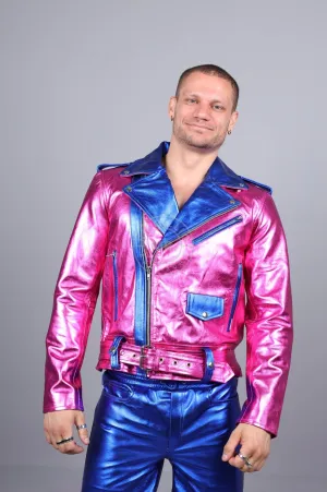 Metallic Leather Biker Jacket - Pink/Blue