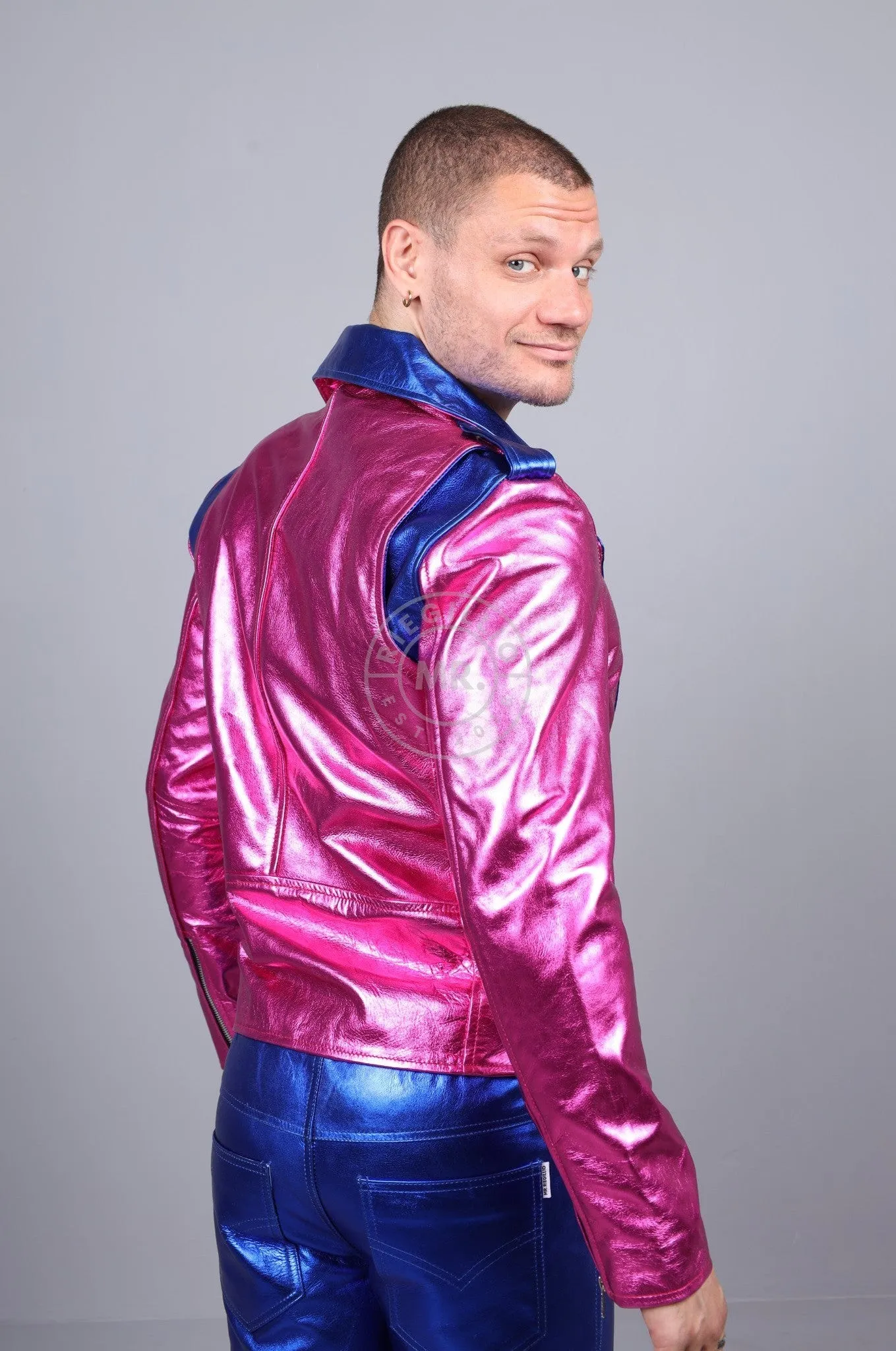 Metallic Leather Biker Jacket - Pink/Blue