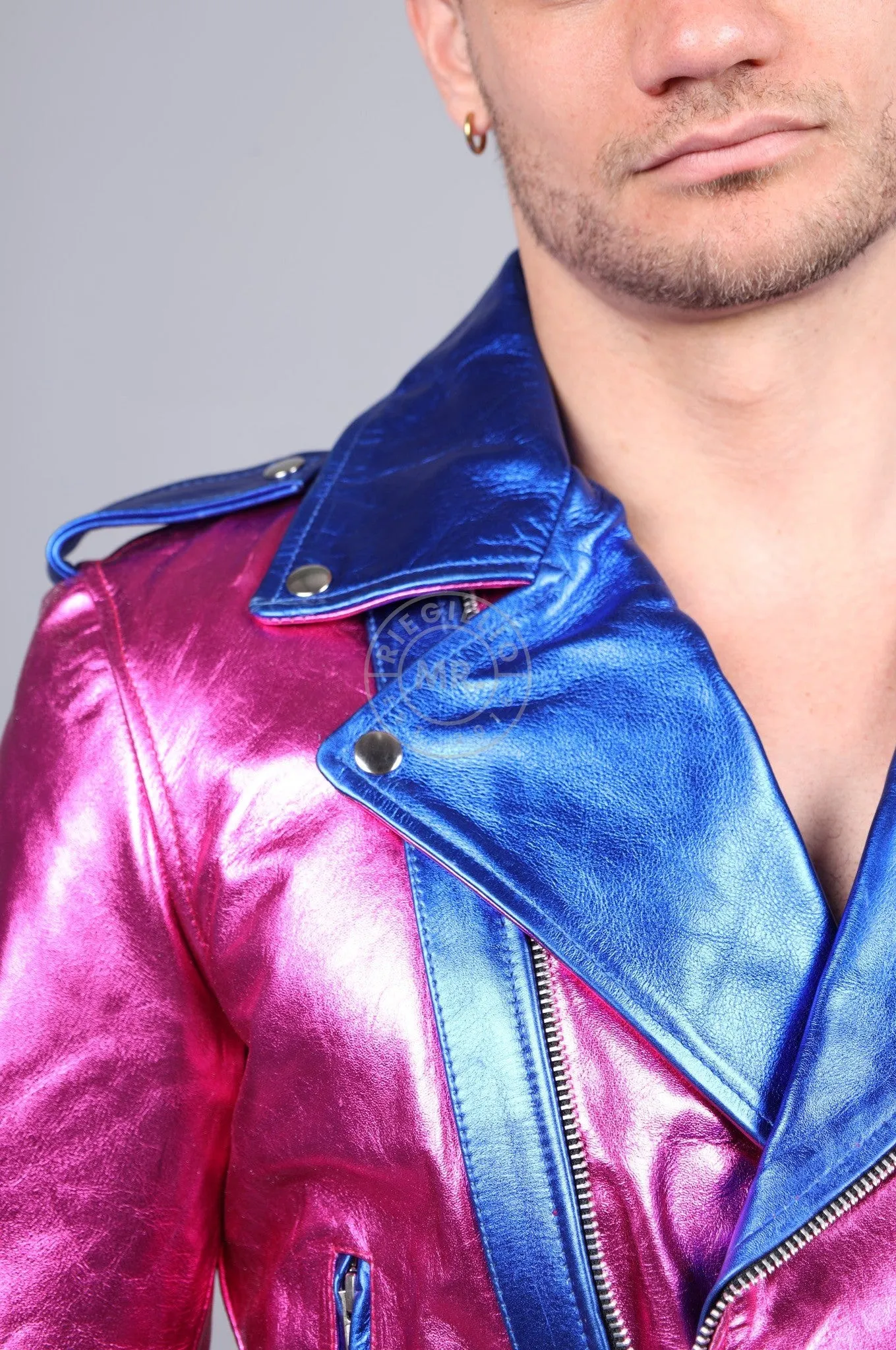 Metallic Leather Biker Jacket - Pink/Blue