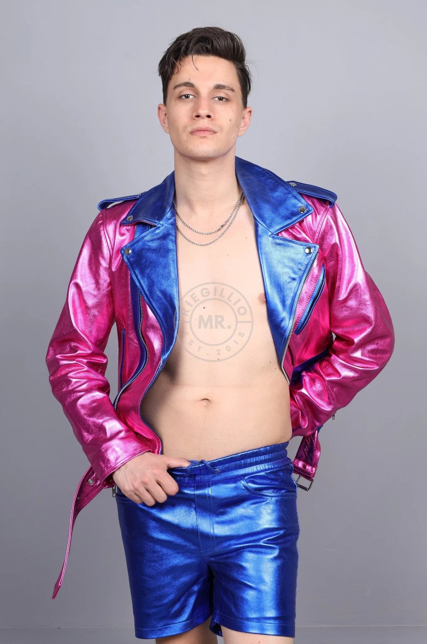 Metallic Leather Biker Jacket - Pink/Blue