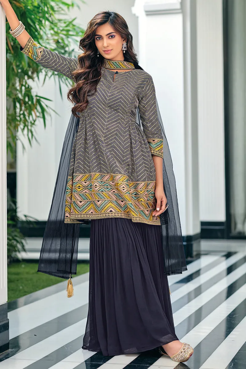 Multitone Blue Indo-Western Peplum Sharara Suit