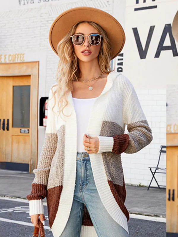 New lazy style contrasting casual mid-length hooded knitted cardigan