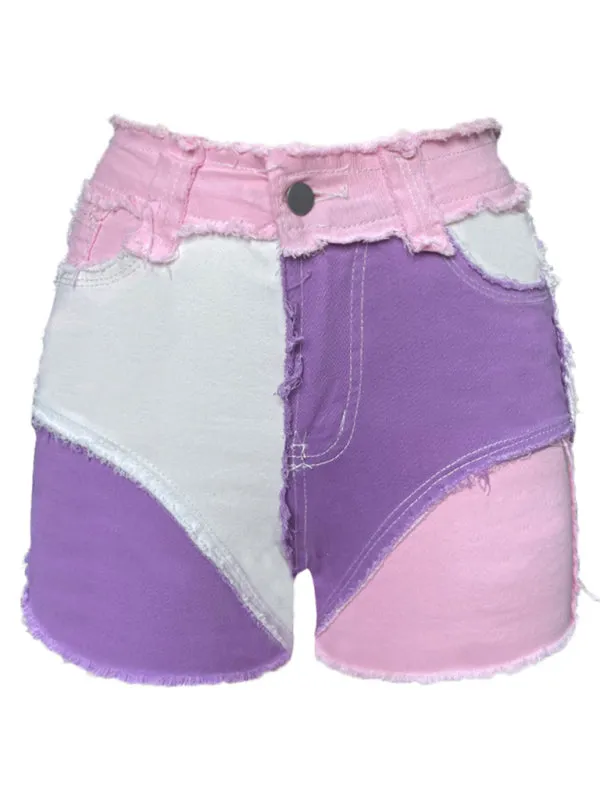 New multi-color high elastic skinny color-block bearded women's denim shorts