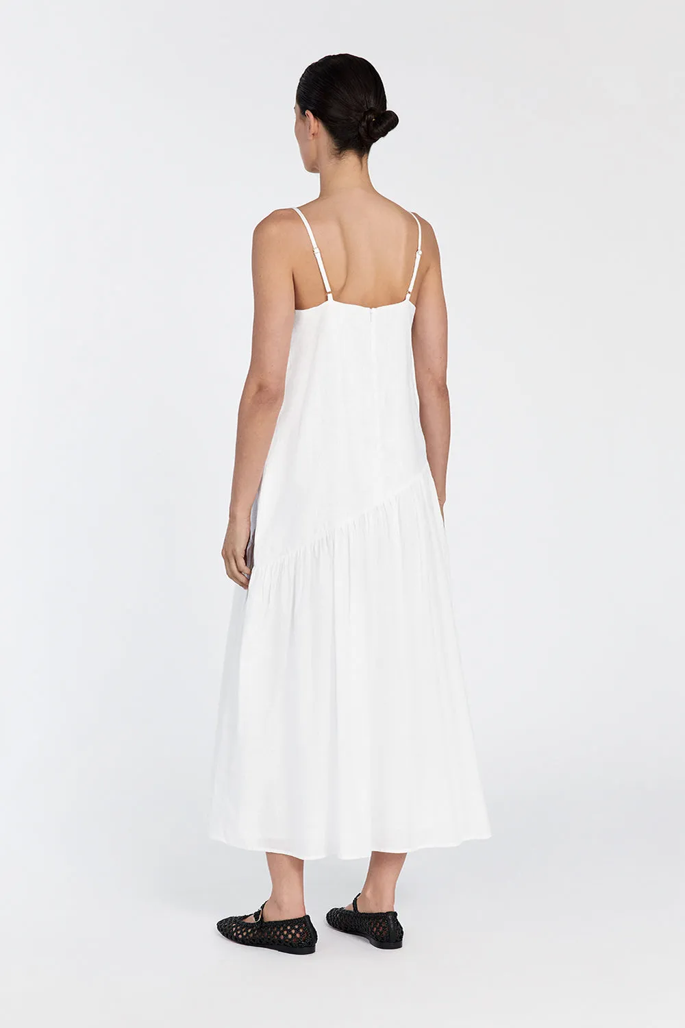 NOAH WHITE LINEN ASYM MIDI DRESS