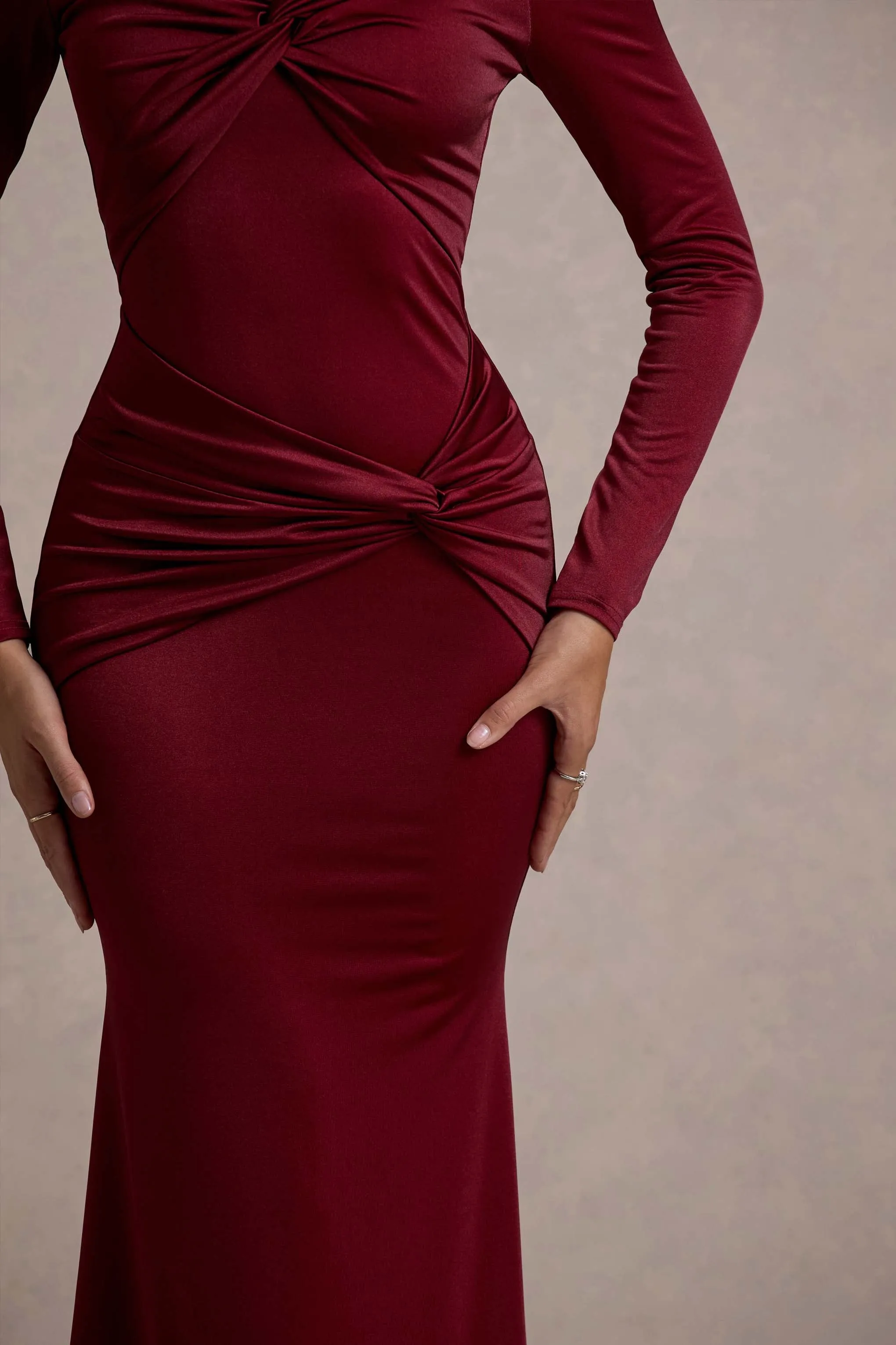 Noya | Berry Long-Sleeve Ruched Fishtail Maxi Dress