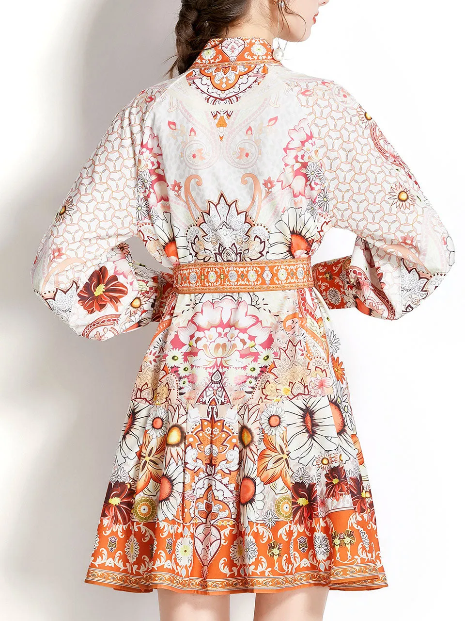 Orange Stand Collar Floral Print Long Sleeve Boho Dress Mini Dress