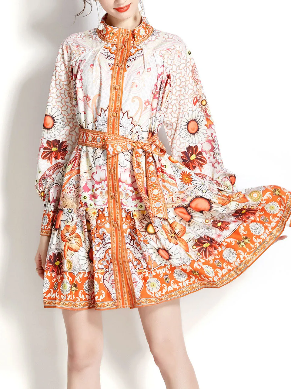 Orange Stand Collar Floral Print Long Sleeve Boho Dress Mini Dress