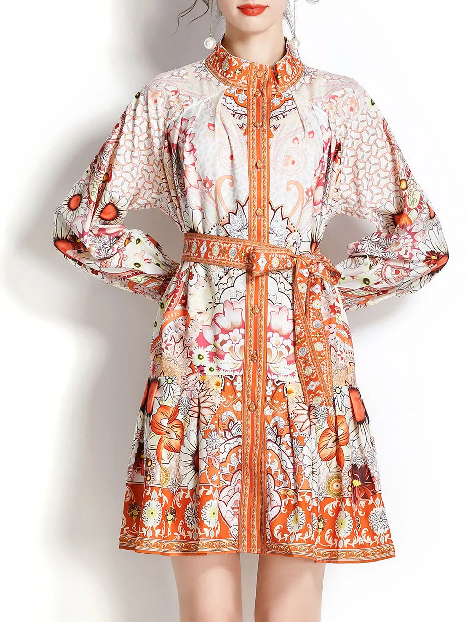 Orange Stand Collar Floral Print Long Sleeve Boho Dress Mini Dress