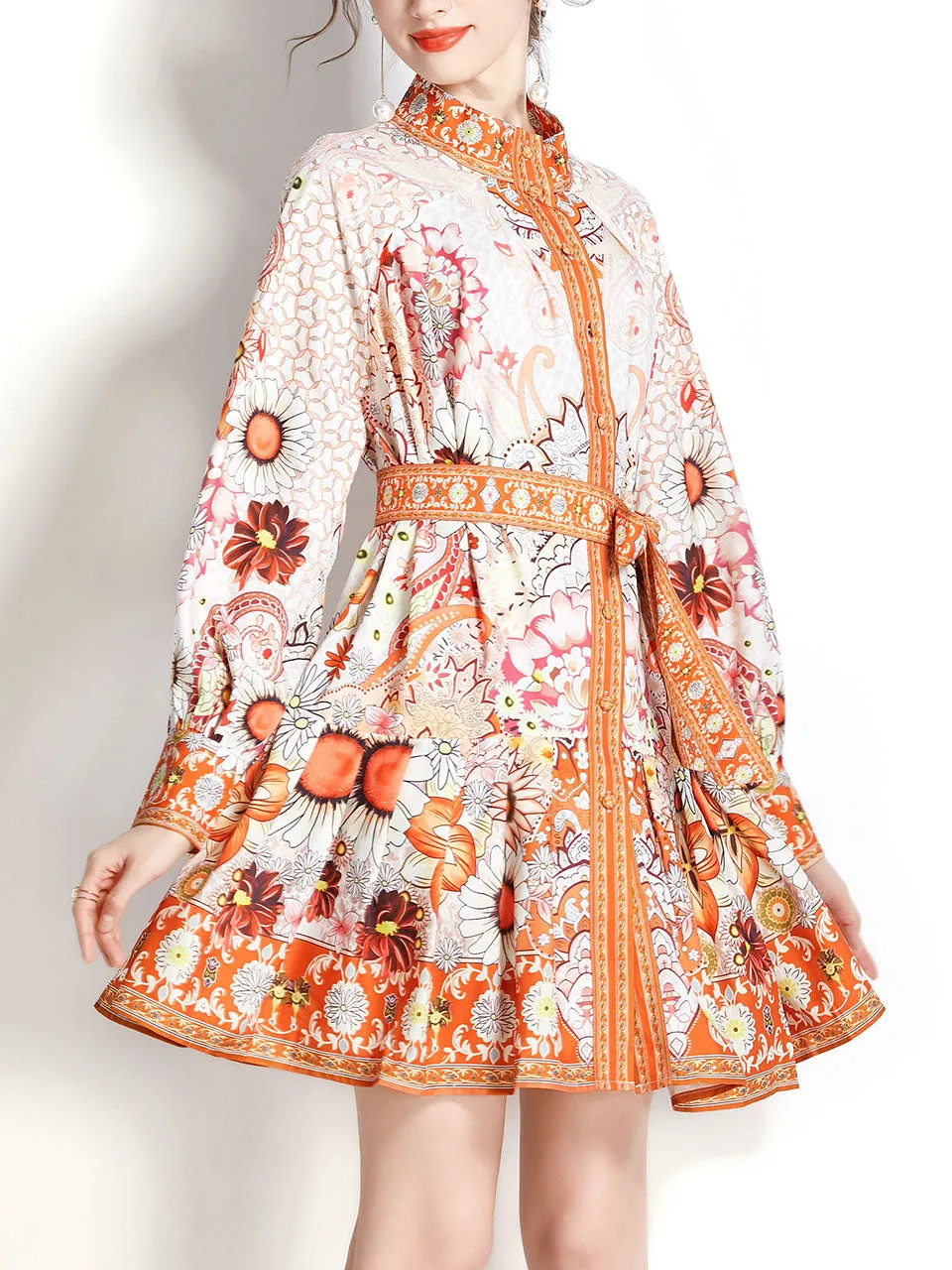 Orange Stand Collar Floral Print Long Sleeve Boho Dress Mini Dress