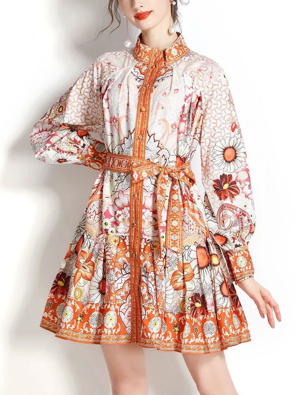 Orange Stand Collar Floral Print Long Sleeve Boho Dress Mini Dress