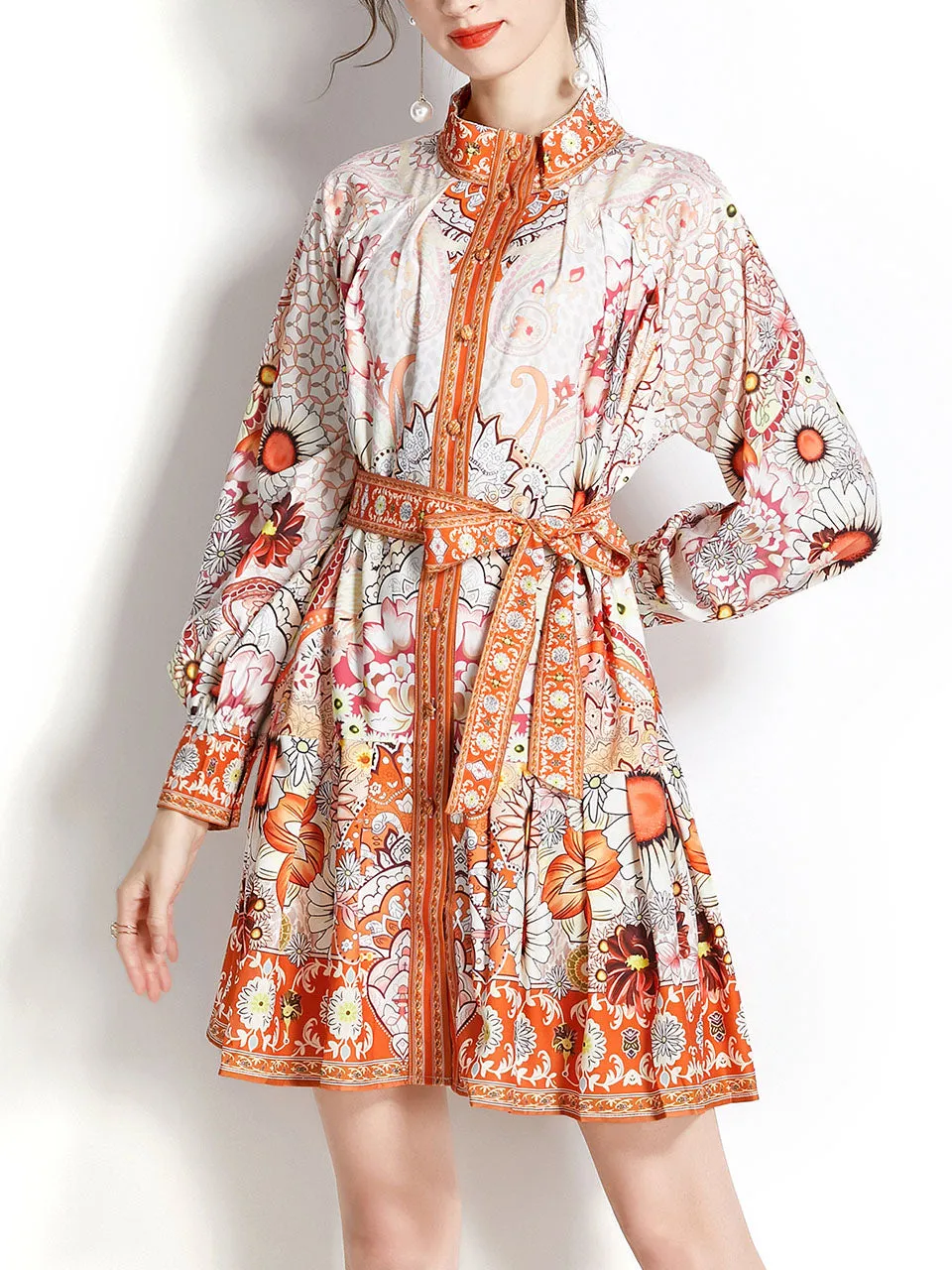 Orange Stand Collar Floral Print Long Sleeve Boho Dress Mini Dress