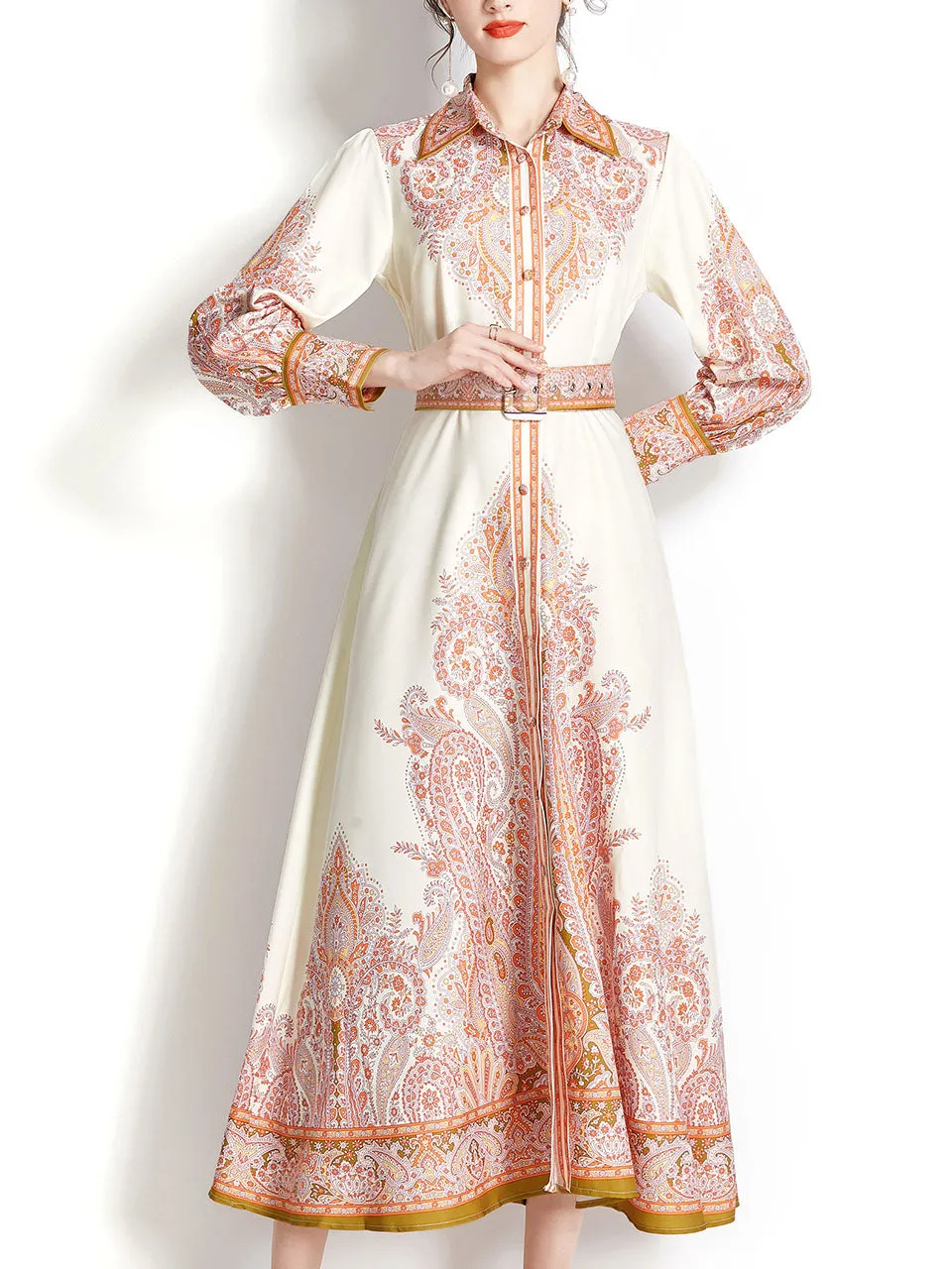 Orange Turn Down Print Long Sleeve Bohemian Dress Maxi Dress