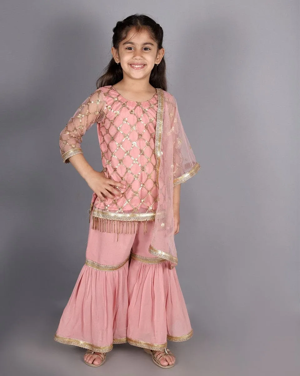 Peach Net Sequin Sharara Suit