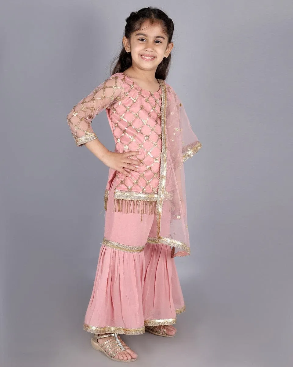 Peach Net Sequin Sharara Suit