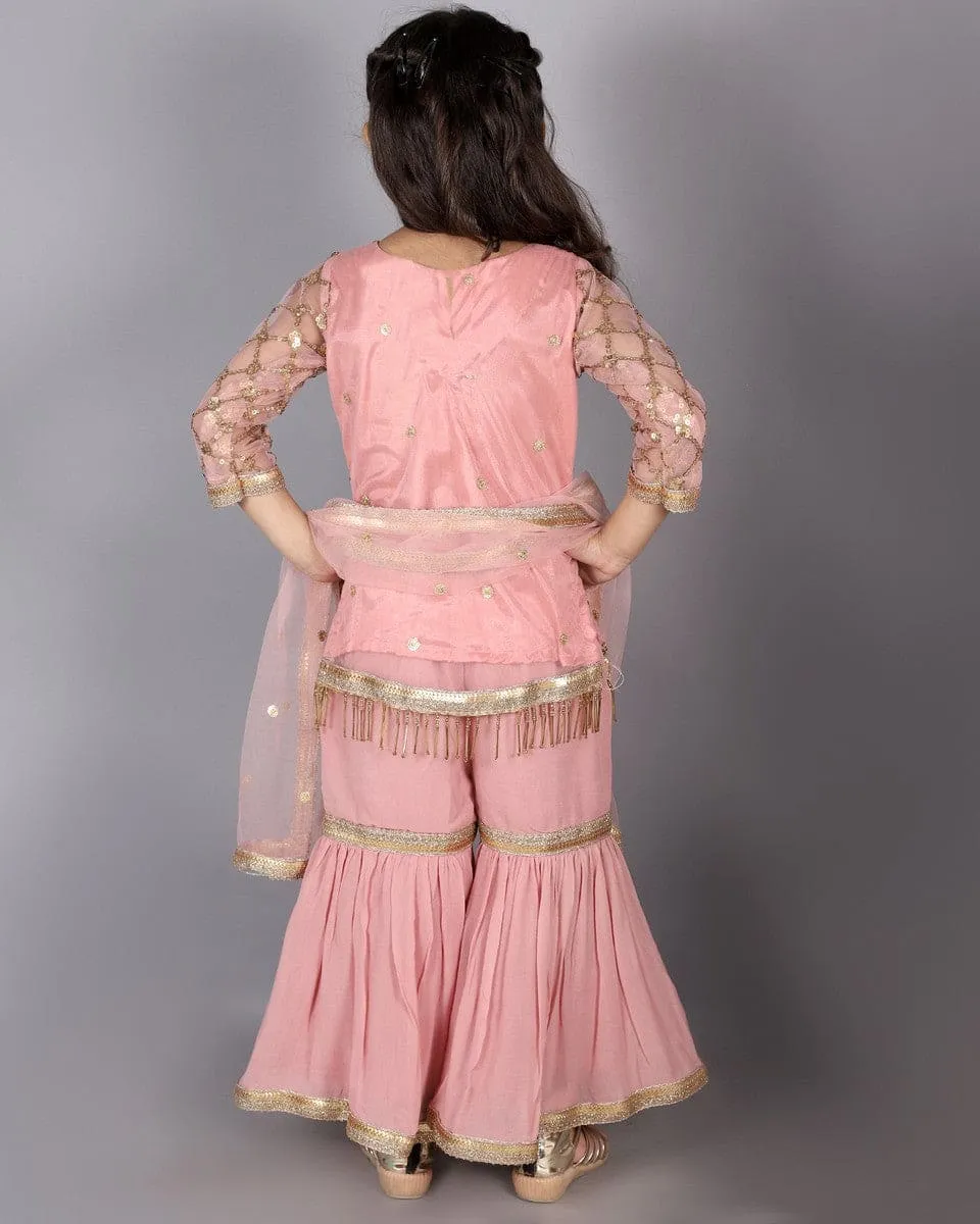 Peach Net Sequin Sharara Suit