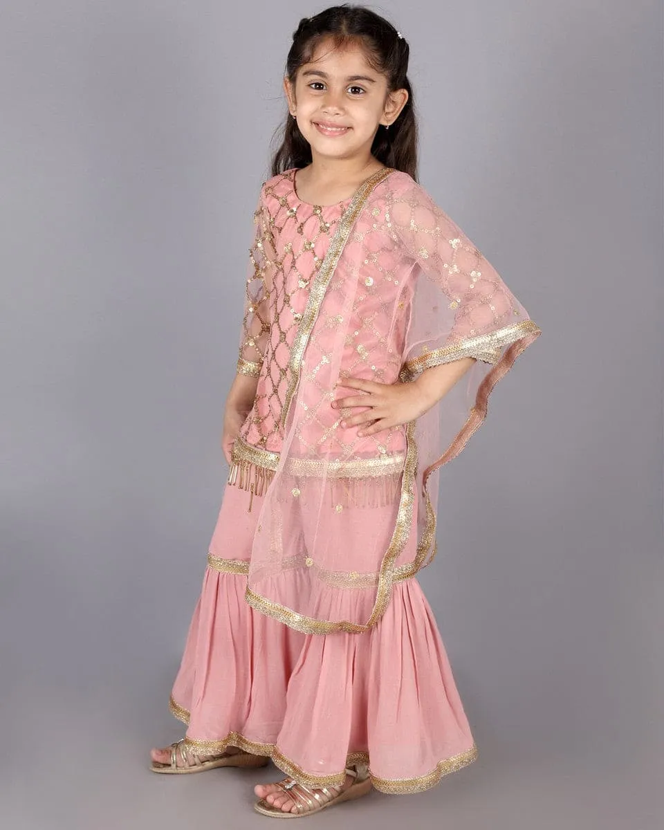 Peach Net Sequin Sharara Suit