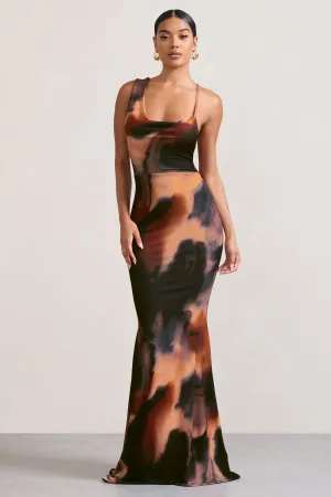 Phantasy |  Orange Smoke Print Asymmetric Neckline Cowl Maxi Dress