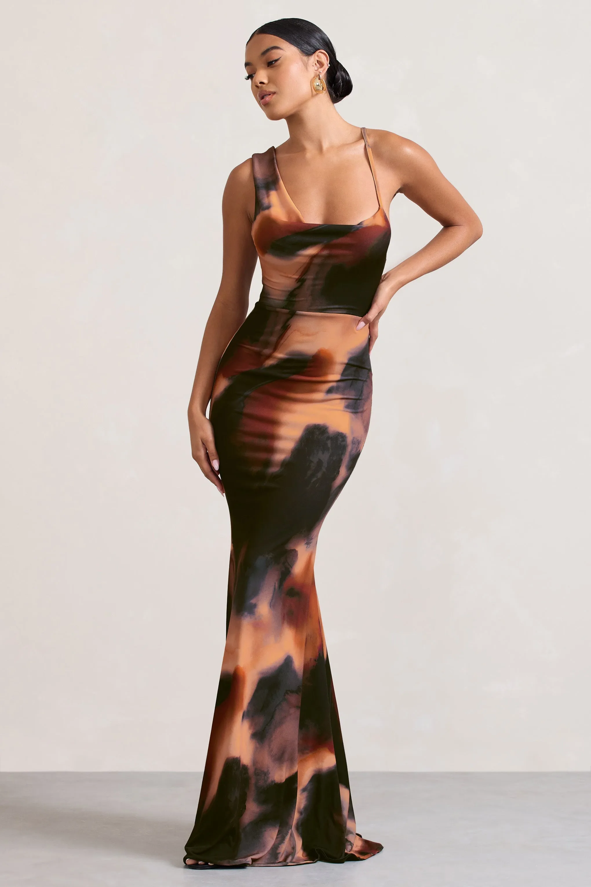 Phantasy |  Orange Smoke Print Asymmetric Neckline Cowl Maxi Dress