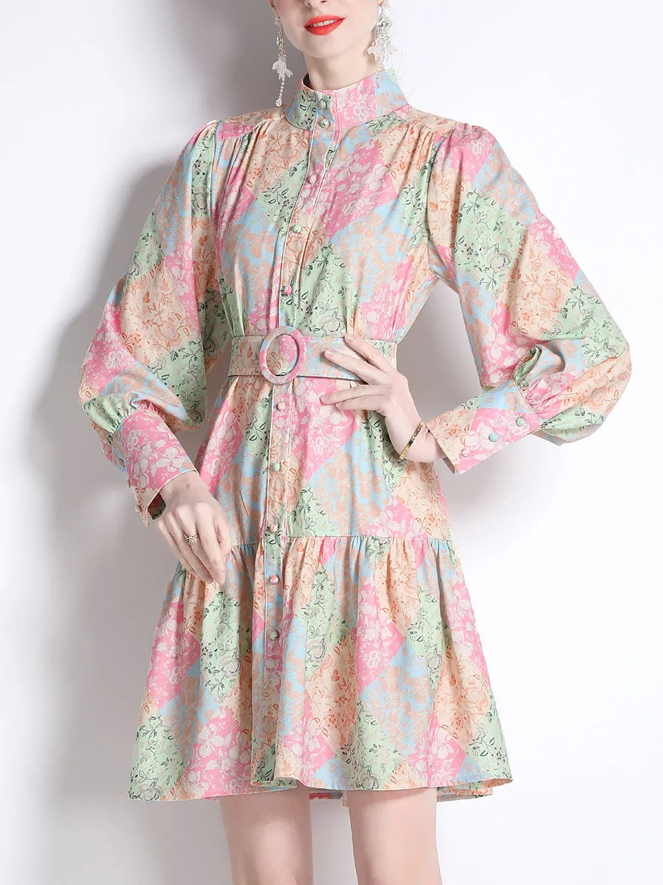 Pink And Green Romantic Floral Print Long Sleeve With Belt Holiday Dress