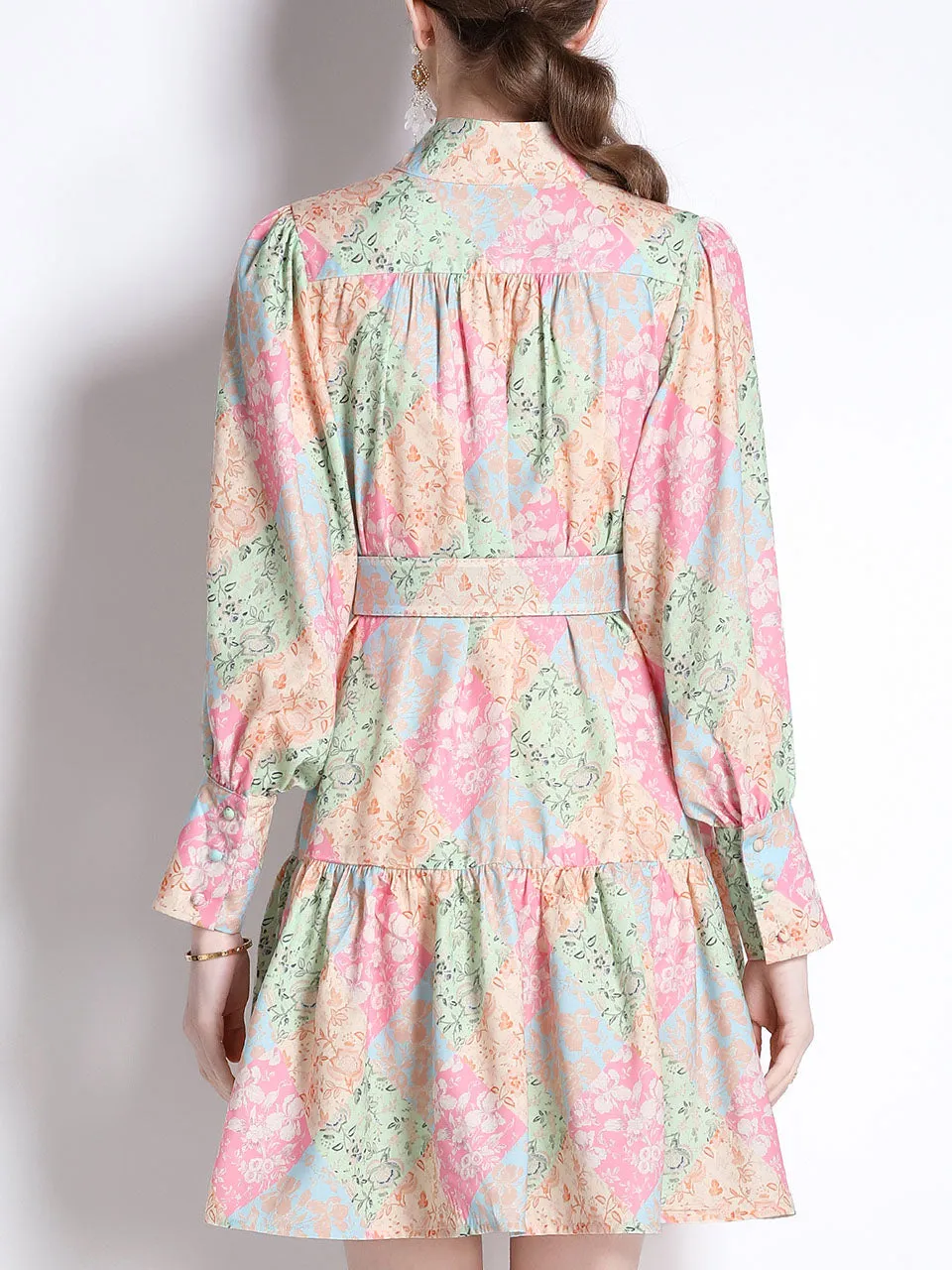 Pink And Green Romantic Floral Print Long Sleeve With Belt Holiday Dress