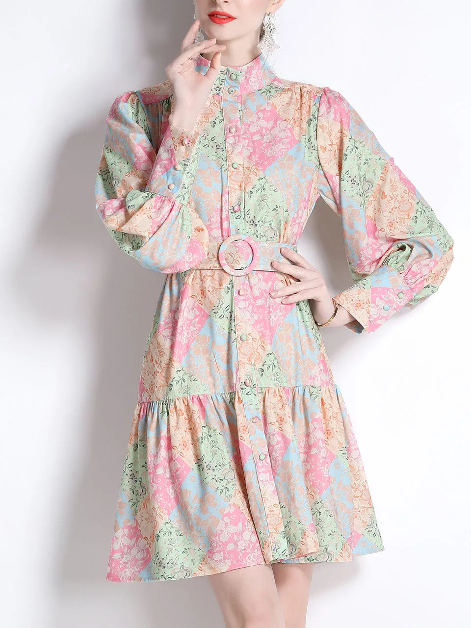 Pink And Green Romantic Floral Print Long Sleeve With Belt Holiday Dress