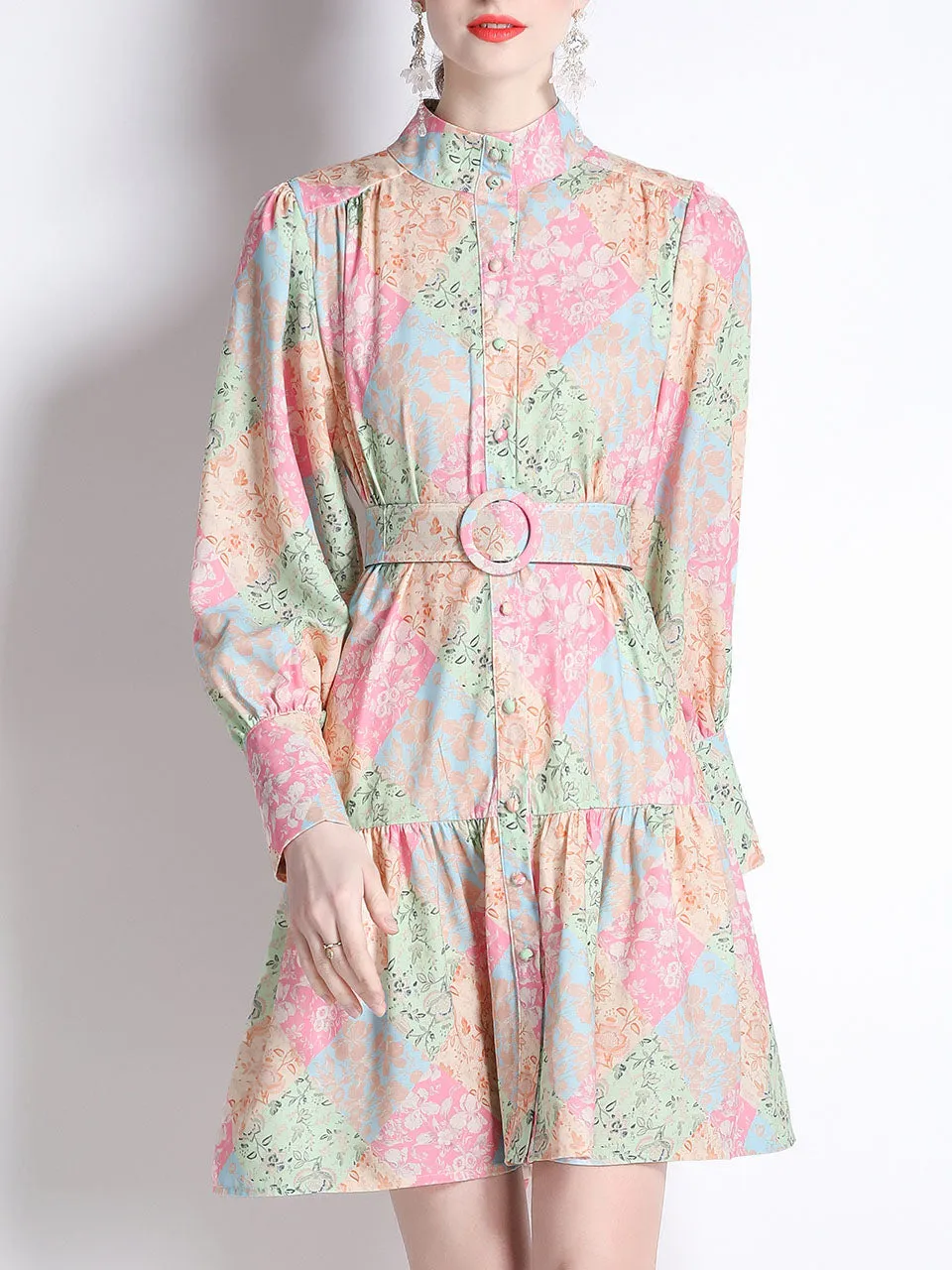 Pink And Green Romantic Floral Print Long Sleeve With Belt Holiday Dress