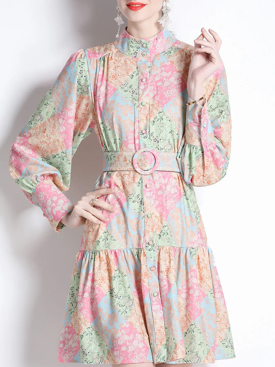 Pink And Green Romantic Floral Print Long Sleeve With Belt Holiday Dress