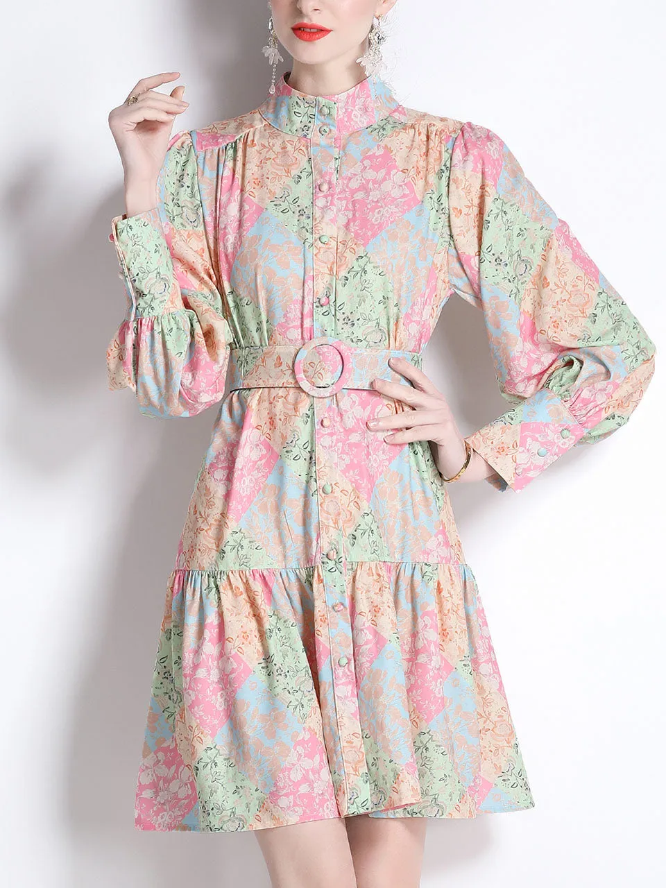 Pink And Green Romantic Floral Print Long Sleeve With Belt Holiday Dress